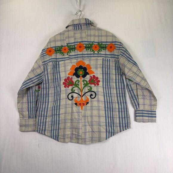 We The Free Blue Plaid Sashiko Flannel Shirt with Floral Embroidery M - Picture 6 of 7